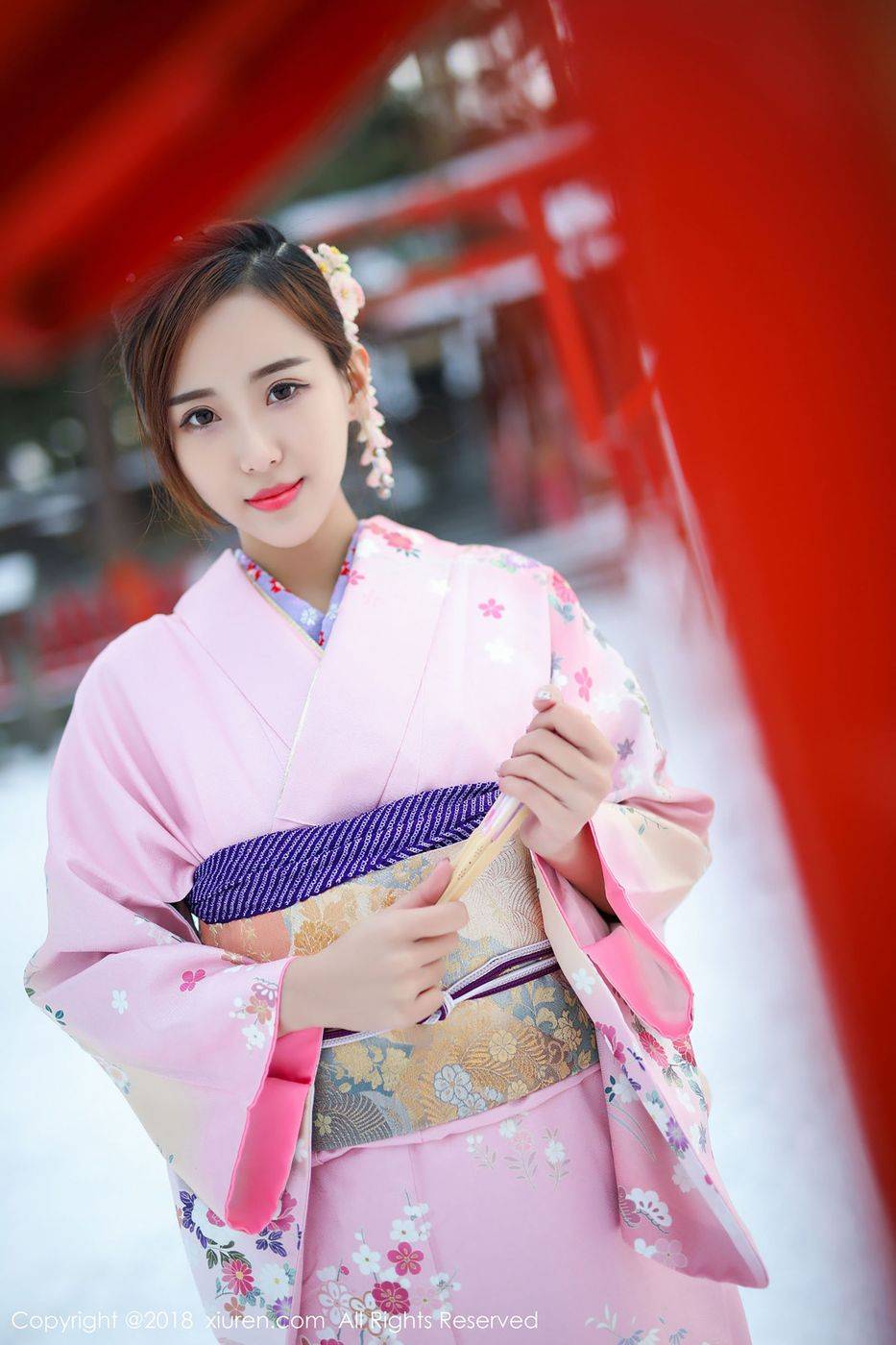 秀人网丽质和服美女猫宝粉色比基尼内衣诱惑北海道旅拍-5