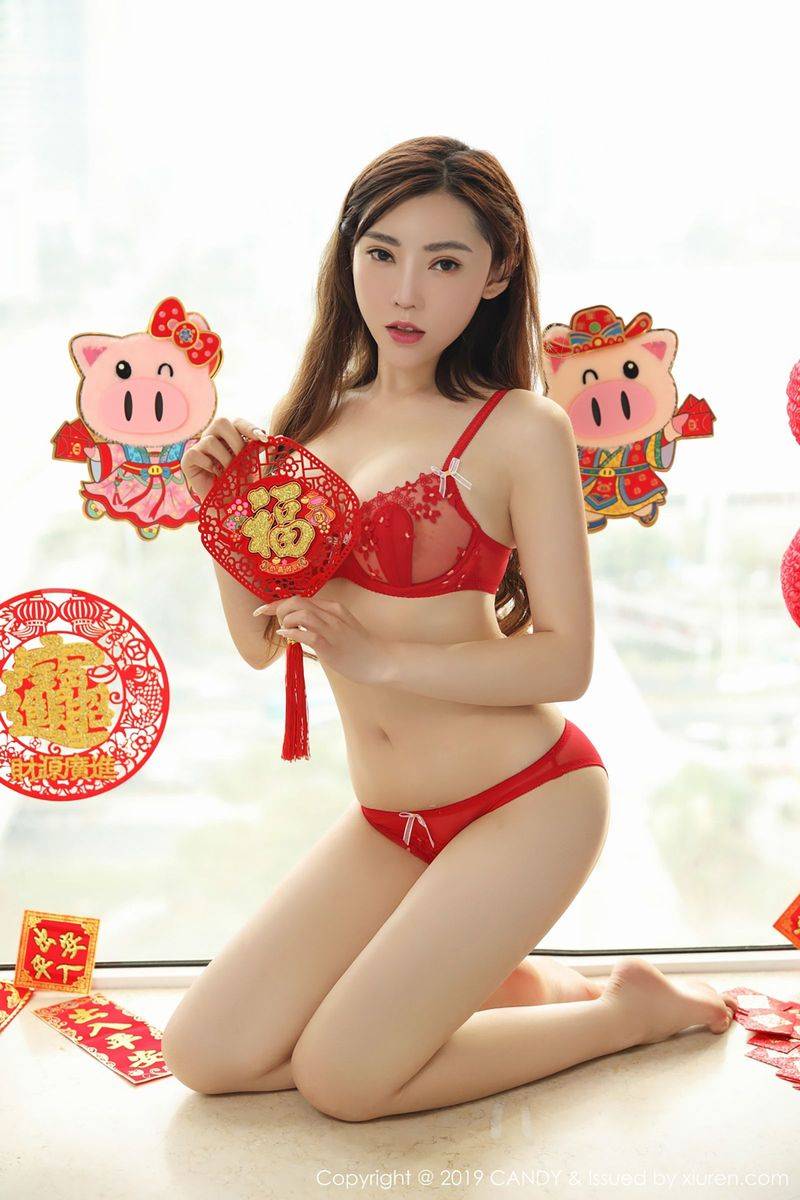 网红馆美女模特萌汉药baby红色喜庆内衣诱惑新春祝福