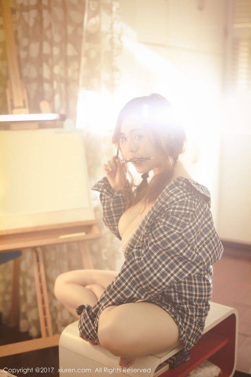 秀人网新人萝莉米爱Demon格子衬衫半透内衣诱惑美图-17