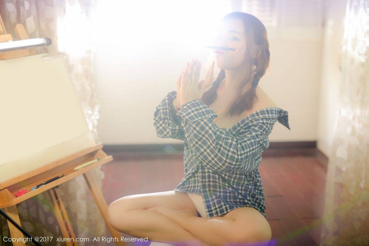 秀人网新人萝莉米爱Demon格子衬衫半透内衣诱惑美图-38