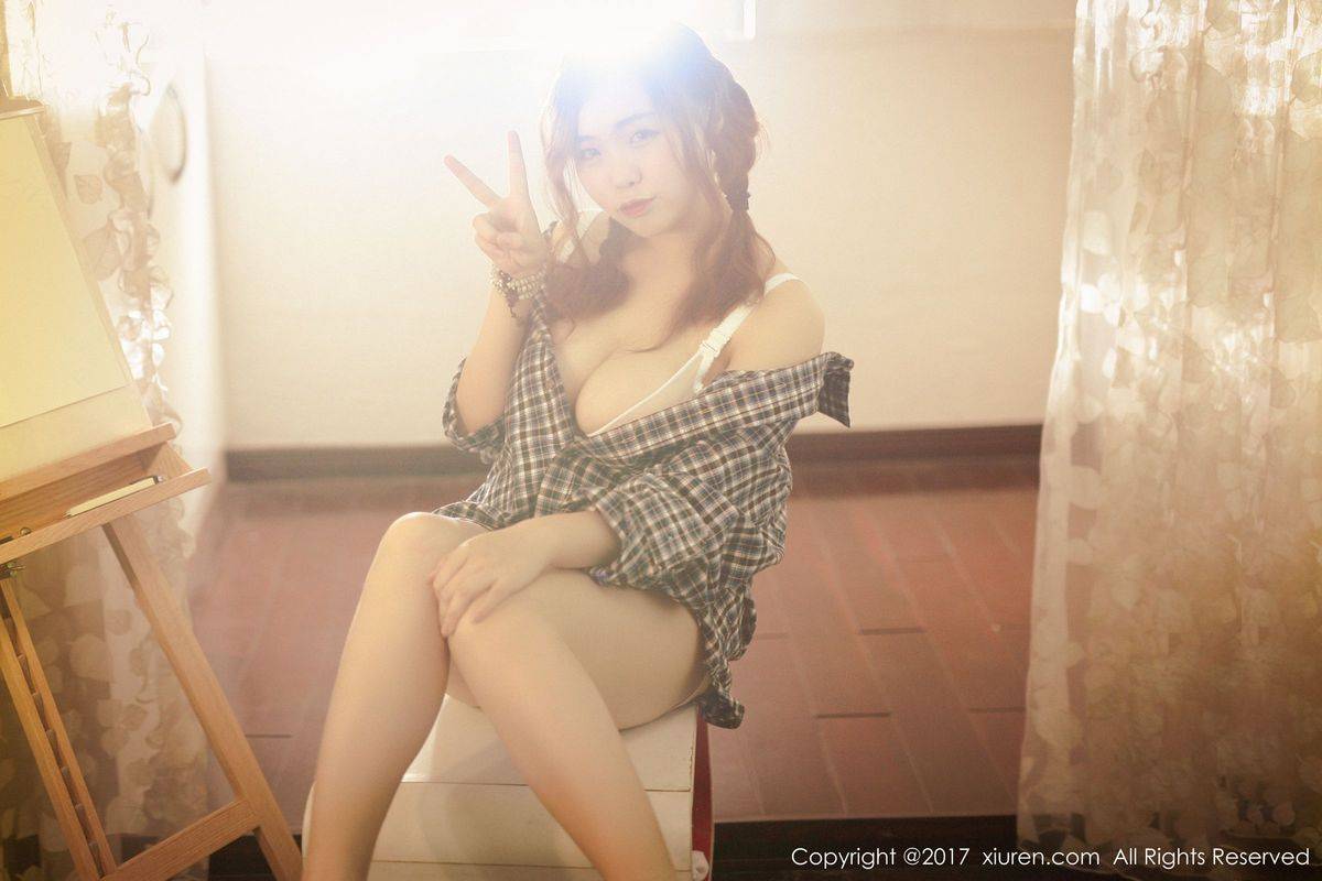 秀人网新人萝莉米爱Demon格子衬衫半透内衣诱惑美图-42