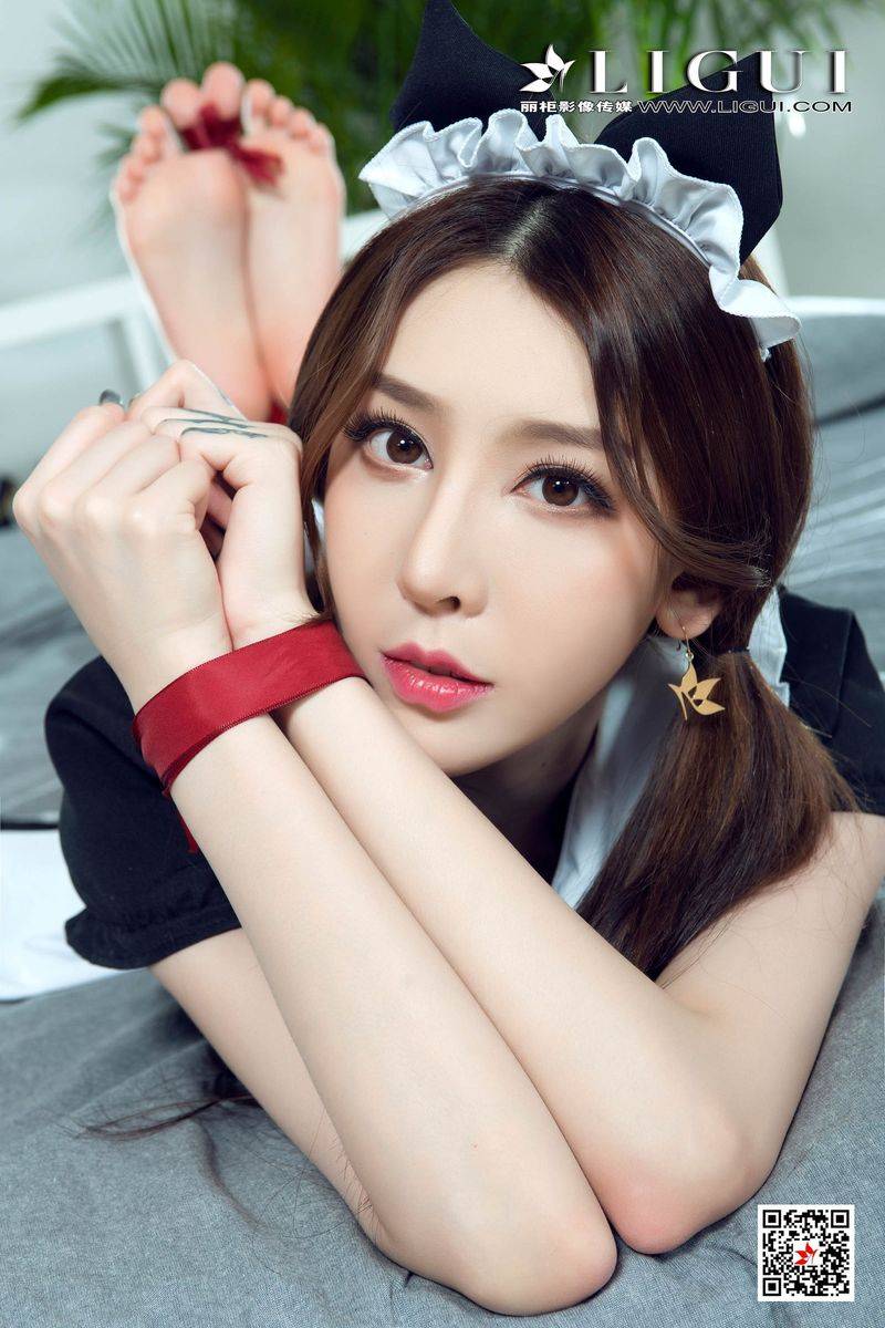 网络丽人丽柜兔子修长美腿蕾丝女仆装扮红绳马尾系列套图-16