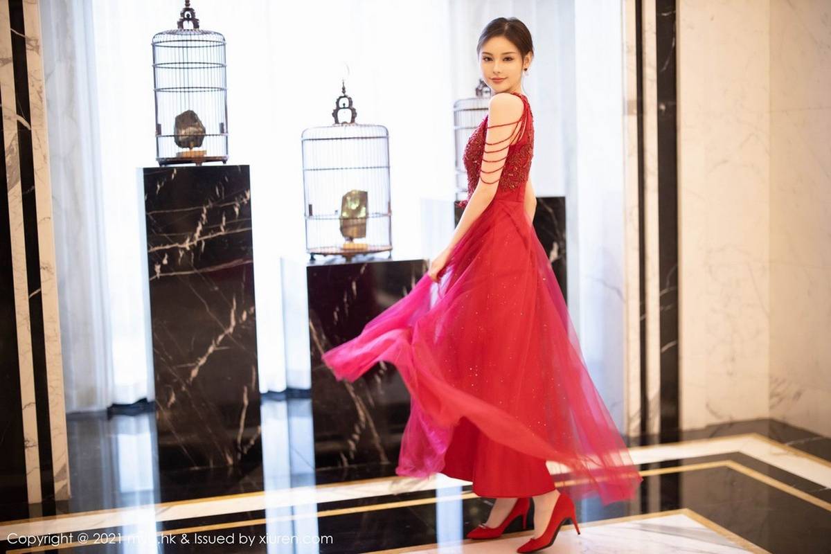 美媛馆美女模特小夕juju猩红长裙迷人内衣系列江浙沪旅拍-13