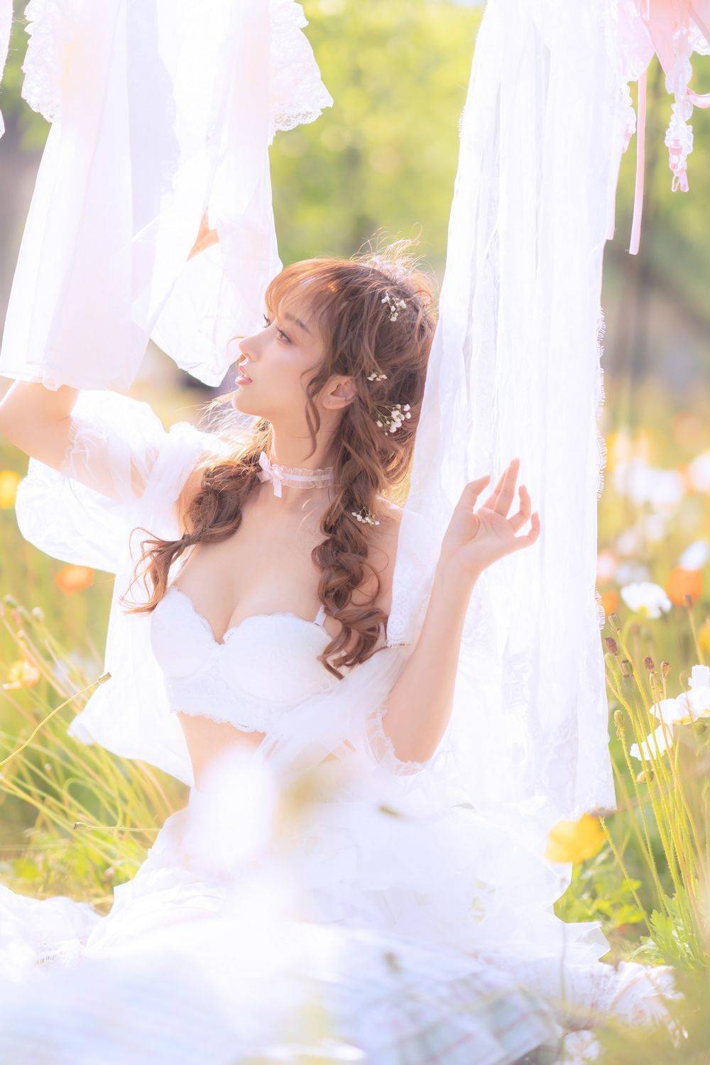 斗鱼主播过期米线线喵白色薄纱服饰+夏日晒衣服主题写真-9