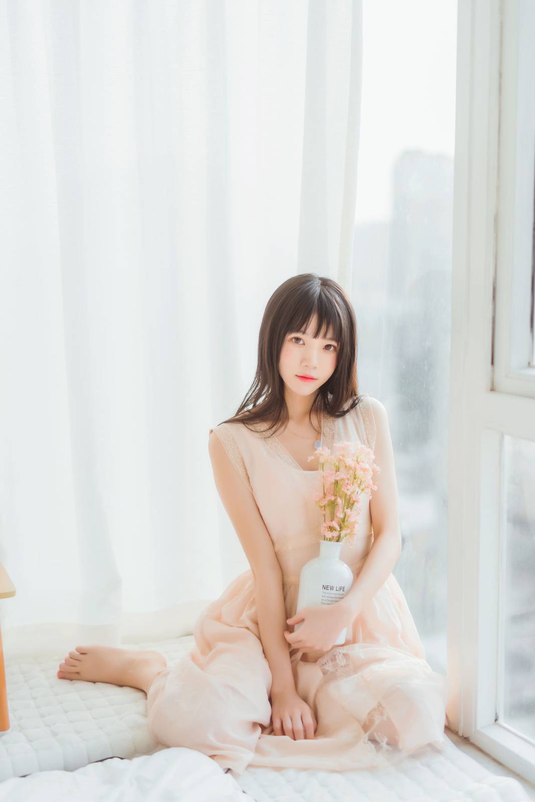 萌系萝莉桜桃喵淡粉连衣裙居家文静清新时尚写真-6