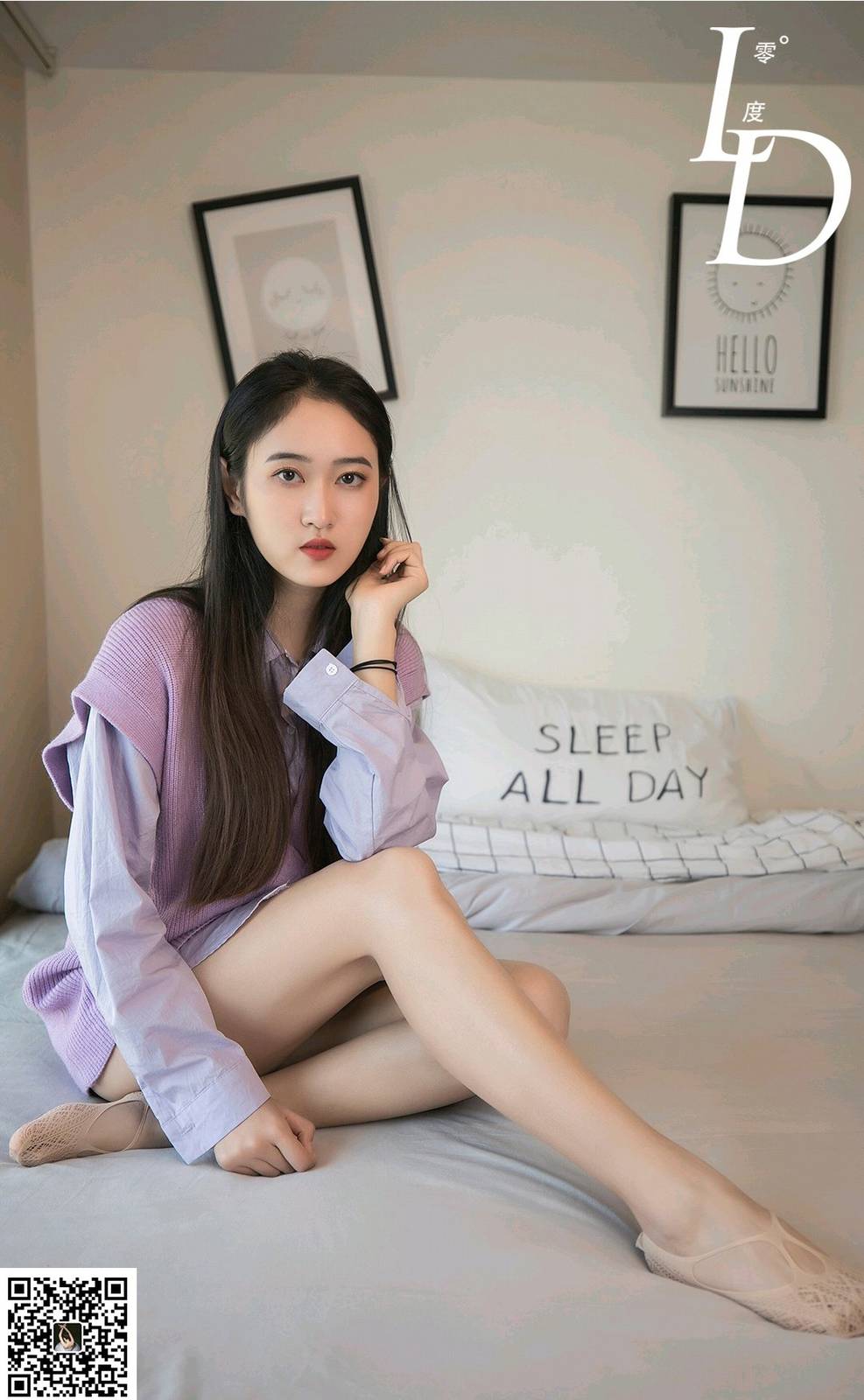 LD零度模特一含浅紫针织开衫‌修长美腿居家写真-39