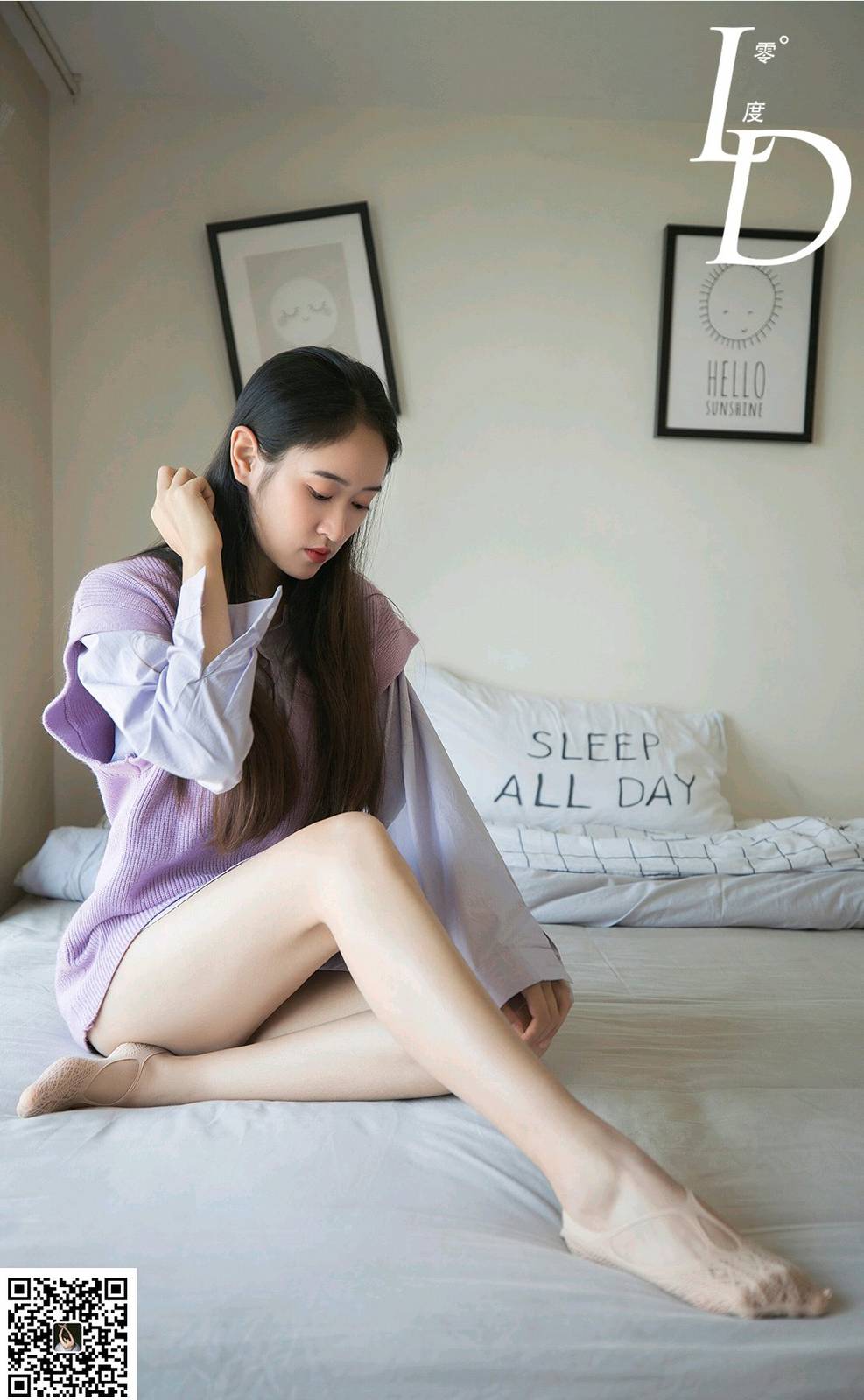 LD零度模特一含浅紫针织开衫‌修长美腿居家写真-38
